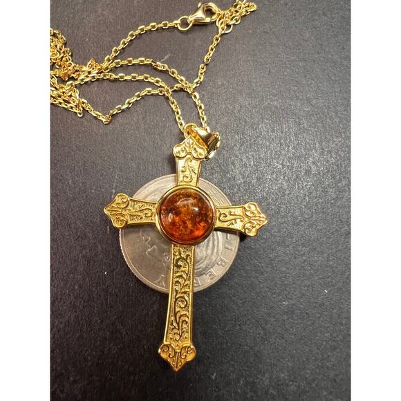 NEW Baltic Amber cross pendant in gold over sterling silver - Picture 6 of 16